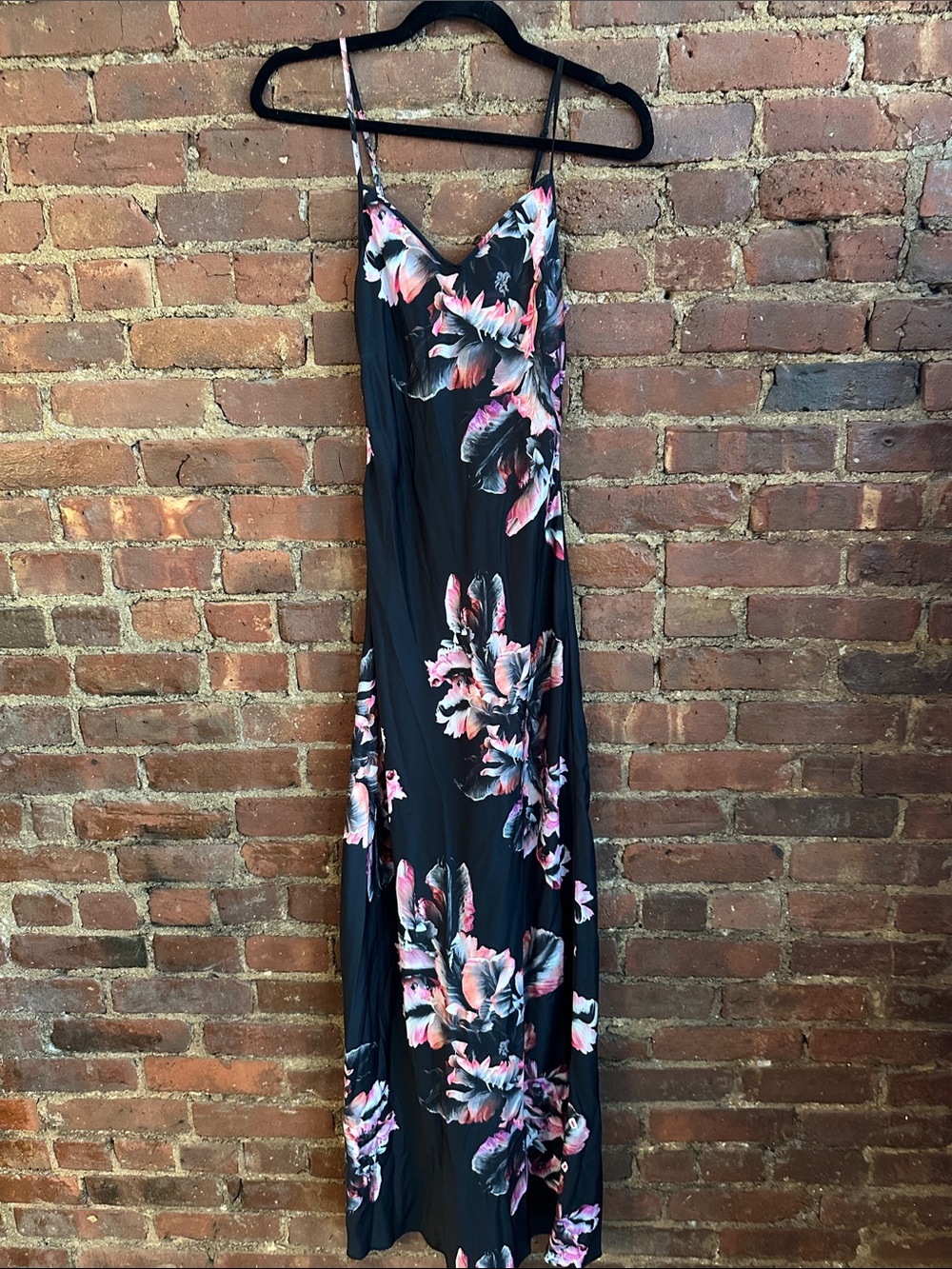 All Saints Black Maxi Slip Dress with Pink Floral Print
